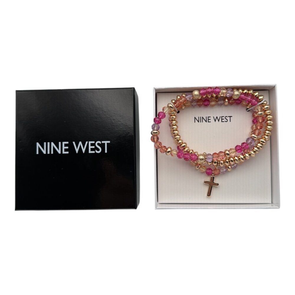 Nine West Beaded Charm Stretch Bracelets‎ Cross Charm Set Pink Gold White NIB